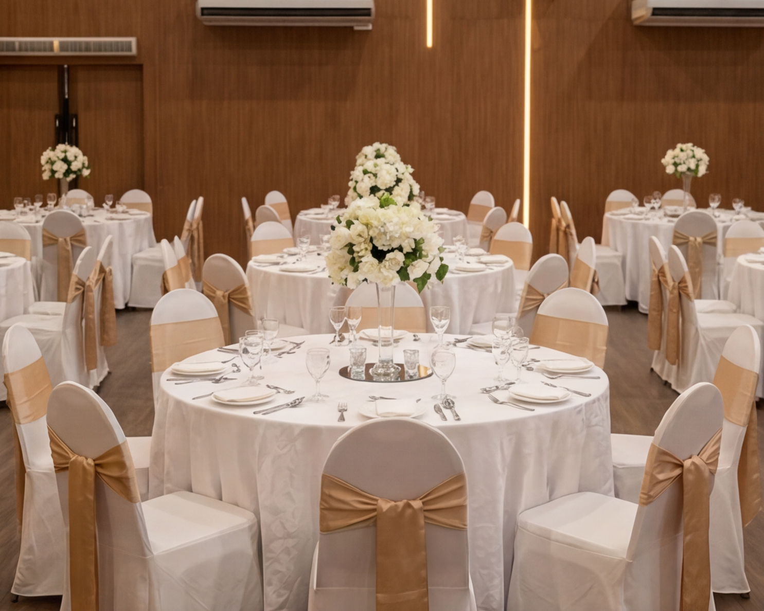 Round table setup with floral centrepieces